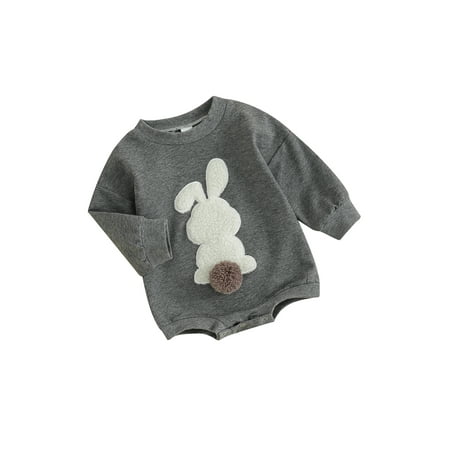 

Newborn Baby Girl Clothes Fuzzy Bunny Embroidery Round Neck Long Sleeve Easter Romper Cute Baby Girl Romper