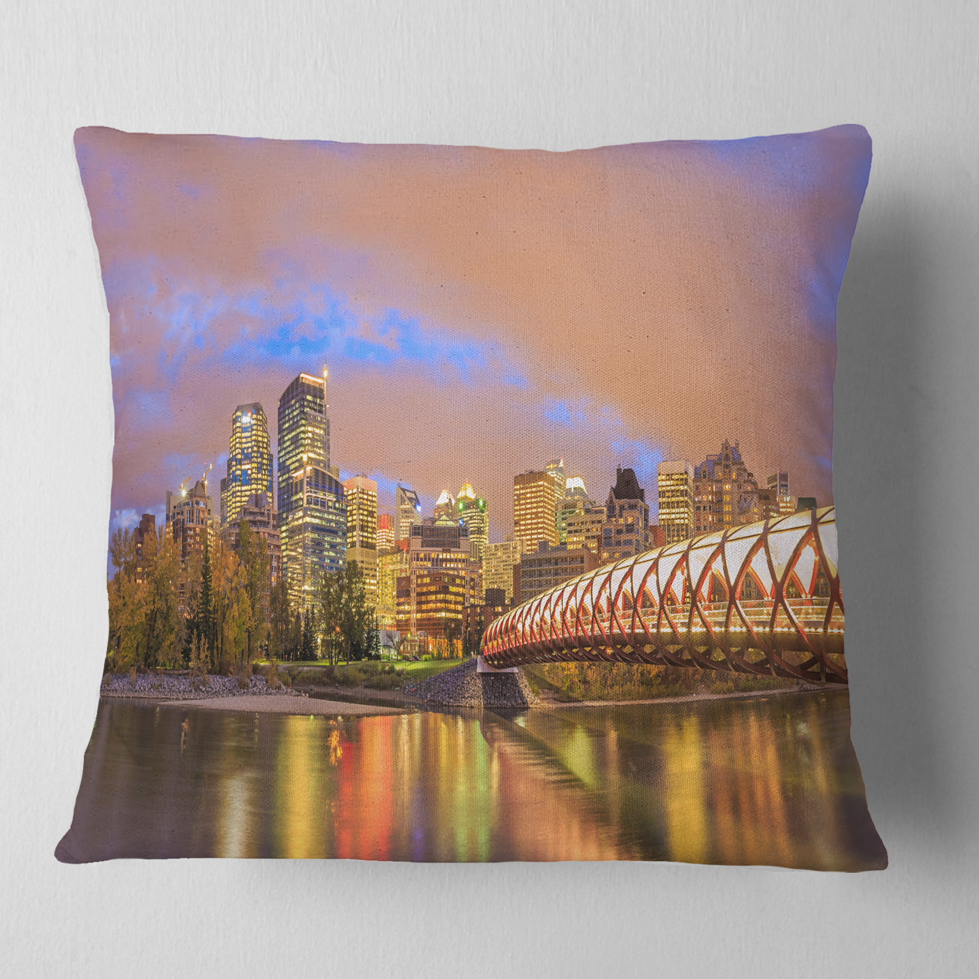 Designart Calgary at Night - Cityscape Photography Throw Pillow - 16x16