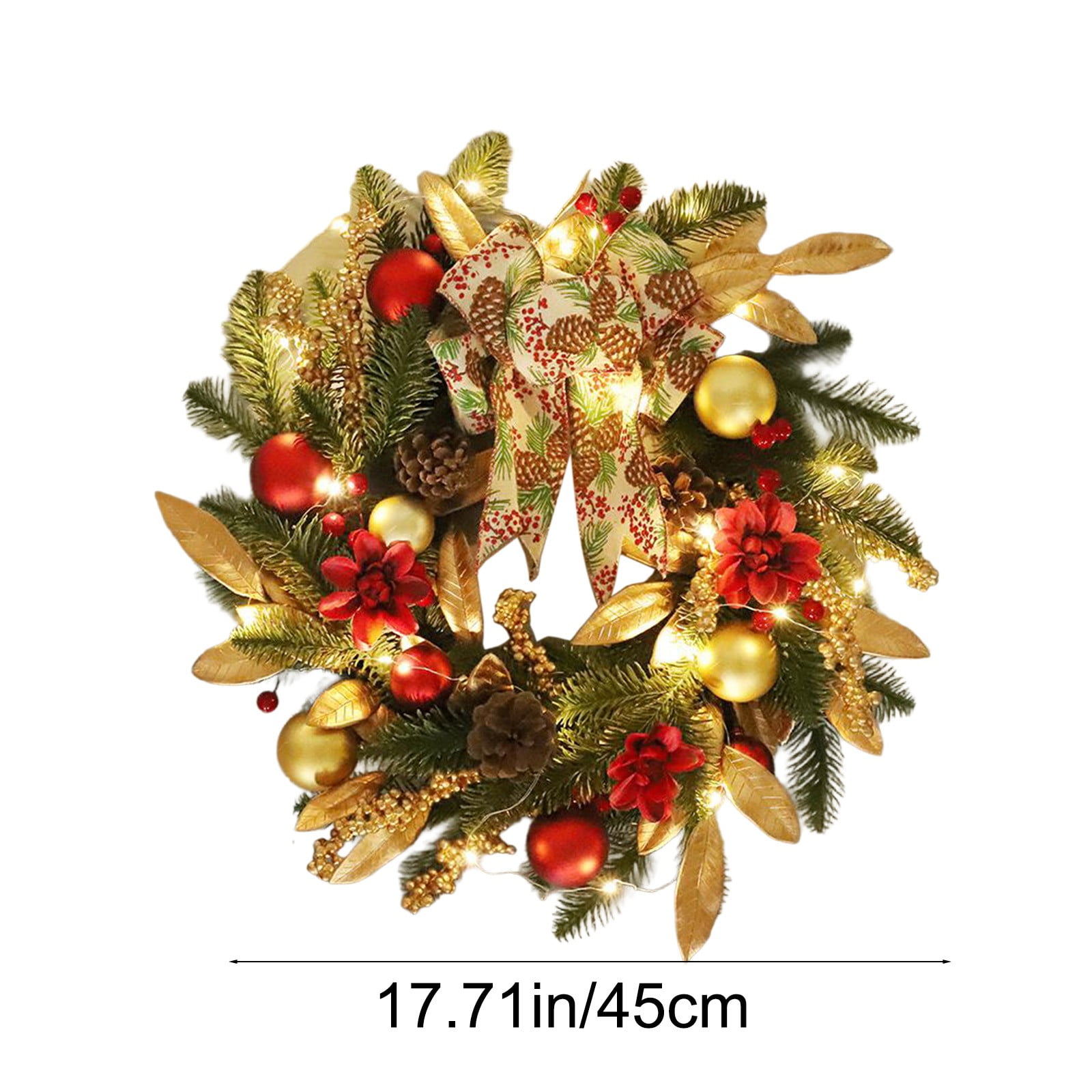 Wzzjkit 17.72 Inch Christmas Wreath with Red and Gold Ornaments