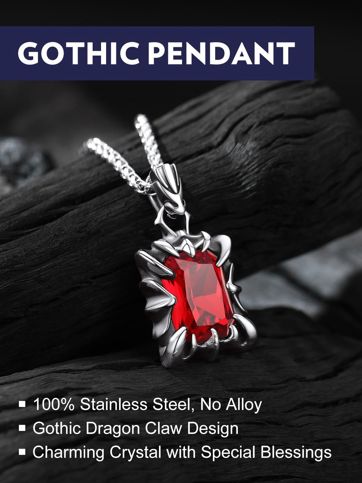 Bandmax Gothic Stainless Steel Necklaces for Men Women Dragon Claw Pendant Ruby Stone Vintage Goth Punk Necklace for Gift