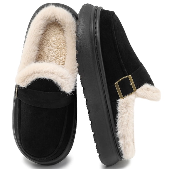 Northblanc Women's Cozy Faux Fur Lined Slippers Buckle Non-Slip Comfortable Warm Platform House Shoes Indoor/Outdoor