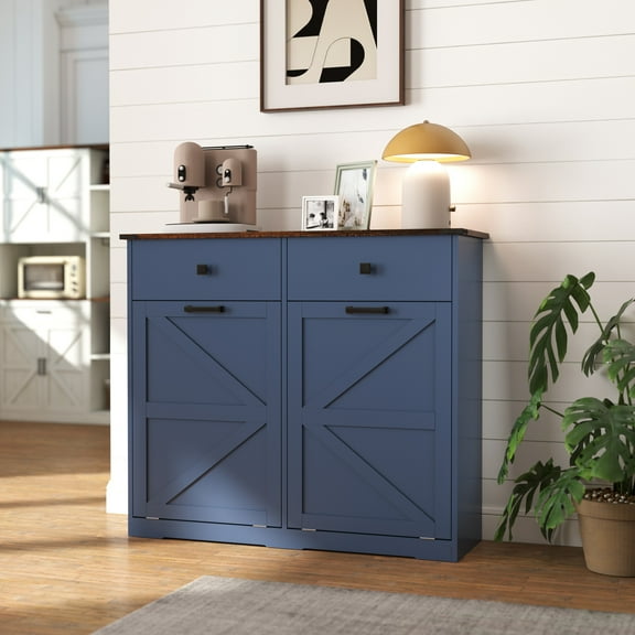 20 Gallon Double Tilt Out Trash Cabinet, Wooden Hidden Garbage Can Cabinet with 2 Drawers snd Barn Door, Freestanding Laundry Hamper for Kitchen, Bathroom, Living Room, Navy Blue