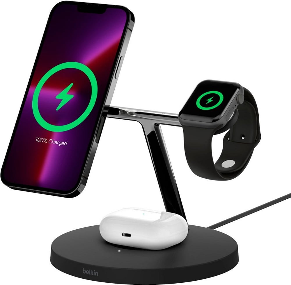 Restored Belkin BOOSTCHARGEPRO 3-in-1 Wireless Charging Stand with MagSafe - Black (Refurbished)