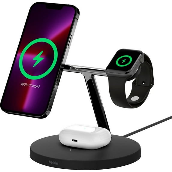 Restored Belkin BOOSTCHARGE PRO 3-in-1 Wireless Charging Stand with MagSafe - Black (Refurbished)