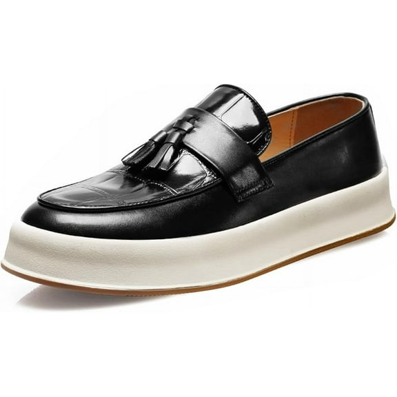 Men's Leather Platform Slip On Tassel Loafers Round Toe Low Top Comfort Non-Slip Luxury Dress Shoes Casual Formal Business Work Penny Loafers