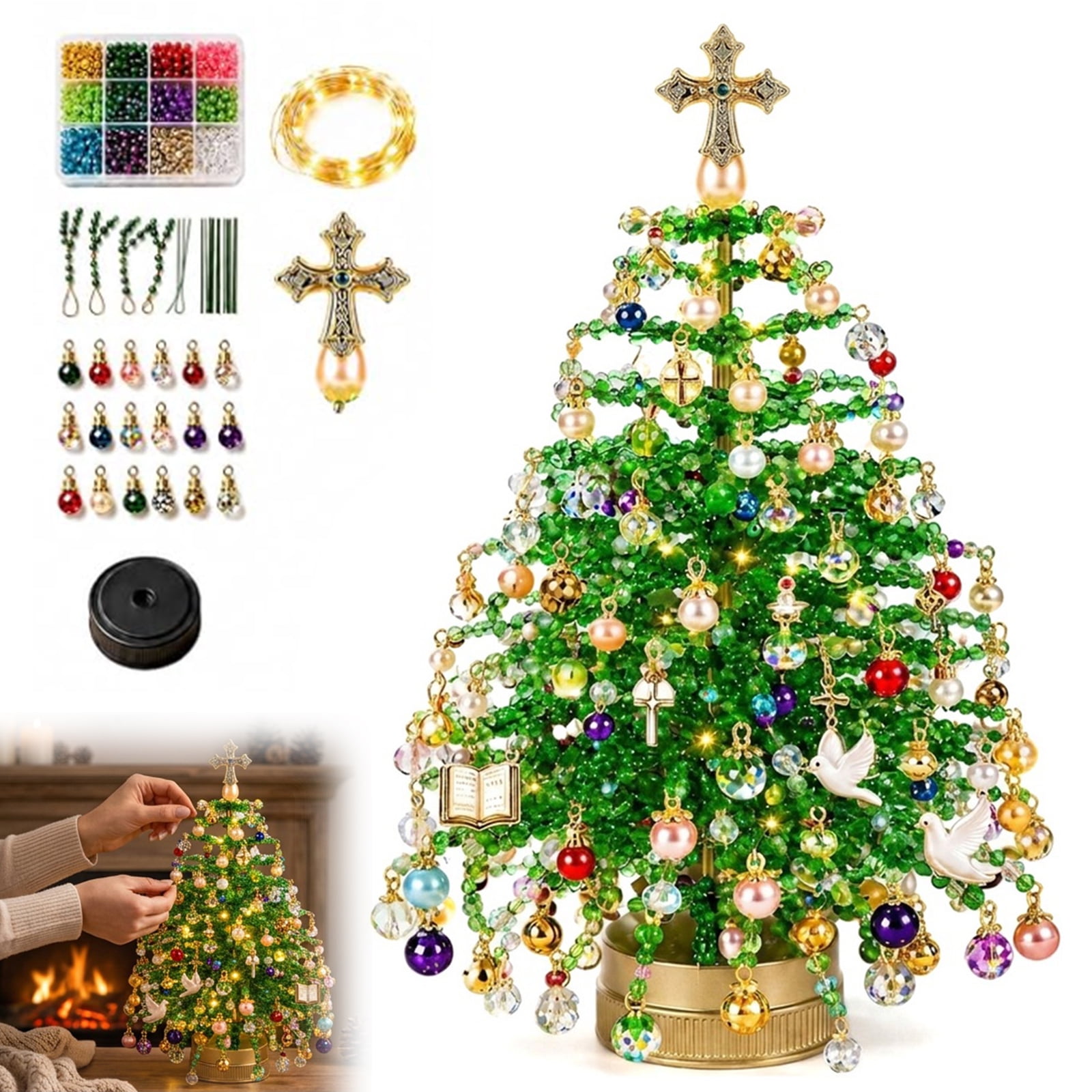 DIY Beaded Christmas Tree Kit with String Lights Beaded Christmas Tree Craft Kit for Adults Handmade Tabletop Holiday Decor & DIY Craft