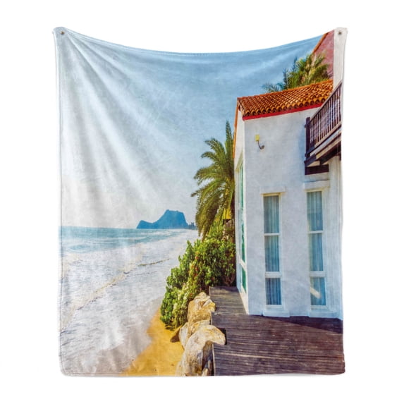 Ocean Soft Flannel Fleece Throw Blanket, Coastal Charm Themed Beach House Porch View Moroccan Architecture Island Print, Cozy Plush for Indoor and Outdoor Use, 60" x 80", Multicolor, by Ambesonne