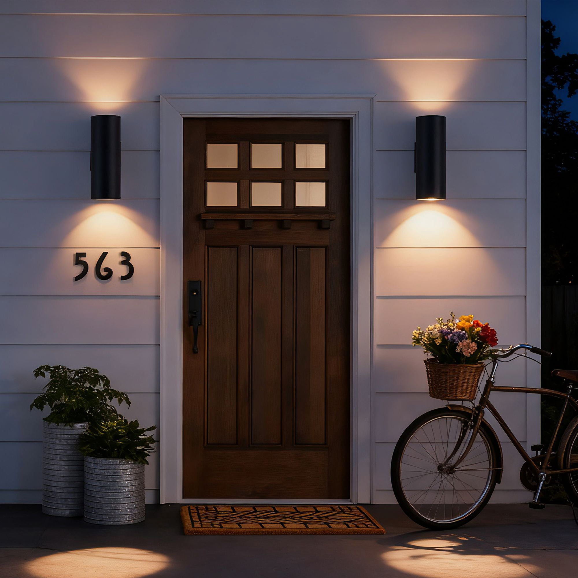 14 Inch Modern Outdoor Wall Sconce, 2-Light IP65 Waterproof Exterior Light, Rust-Resistant Aluminum Cylinder with Tempered Glass, Matte Black, 2-Pack, Bulbs Not Included