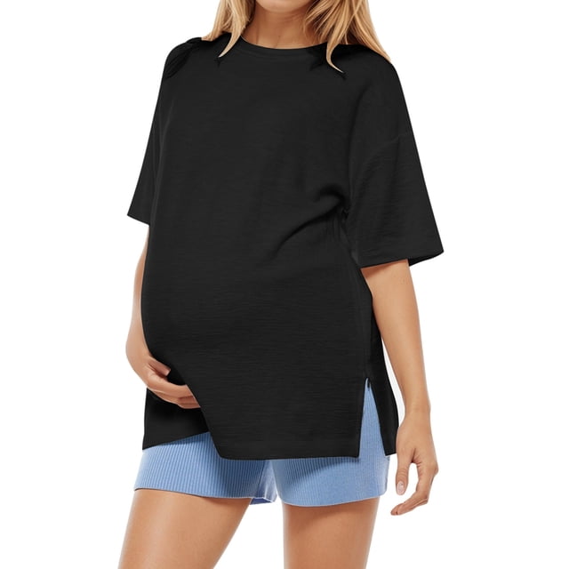 T-Shirt de Maternité à Manches Courtes Col Rond Couleur Unie pour Allaitement Blouse d'Allaitement pour Femmes
