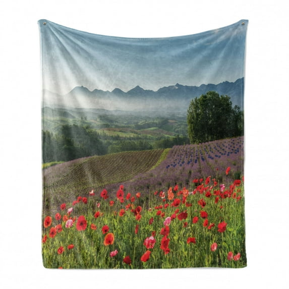 Flower Soft Flannel Fleece Throw Blanket, Poppy Flower Lavender Farm Foggy Morning Agriculture Outdoor Crops Red Purple Art, Cozy Plush for Indoor and Outdoor Use, 50" x 60", Multicolor, by Ambesonne
