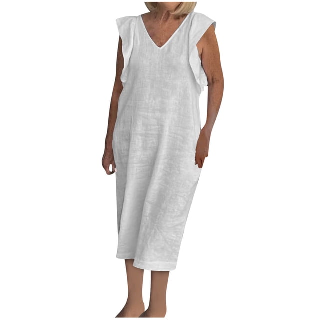 Staron Robe pour Femme Liquidation à Moins de 10 $ Manches à Volants Décontractée Ample Robes d'Été Fête Plage Col en V Bohème Couleur Unie Fluide Robe Ligne A Blanc 4TG