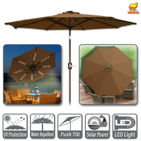 Strong Camel 9ft Solar Lighted Patio Umbrella 40 LED Light Market with Tilt and Crank Parasol Table Round Light Umbrella Sunshade (Best Solar Shades For Blocking Heat)