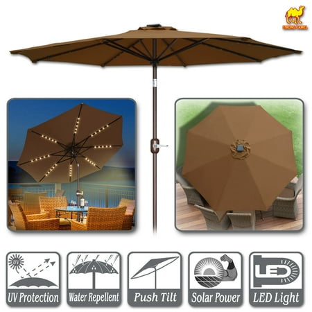 Strong Camel 9ft Solar Lighted Patio Umbrella 40 LED Light Market with Tilt and Crank Parasol Table Round Light Umbrella Sunshade