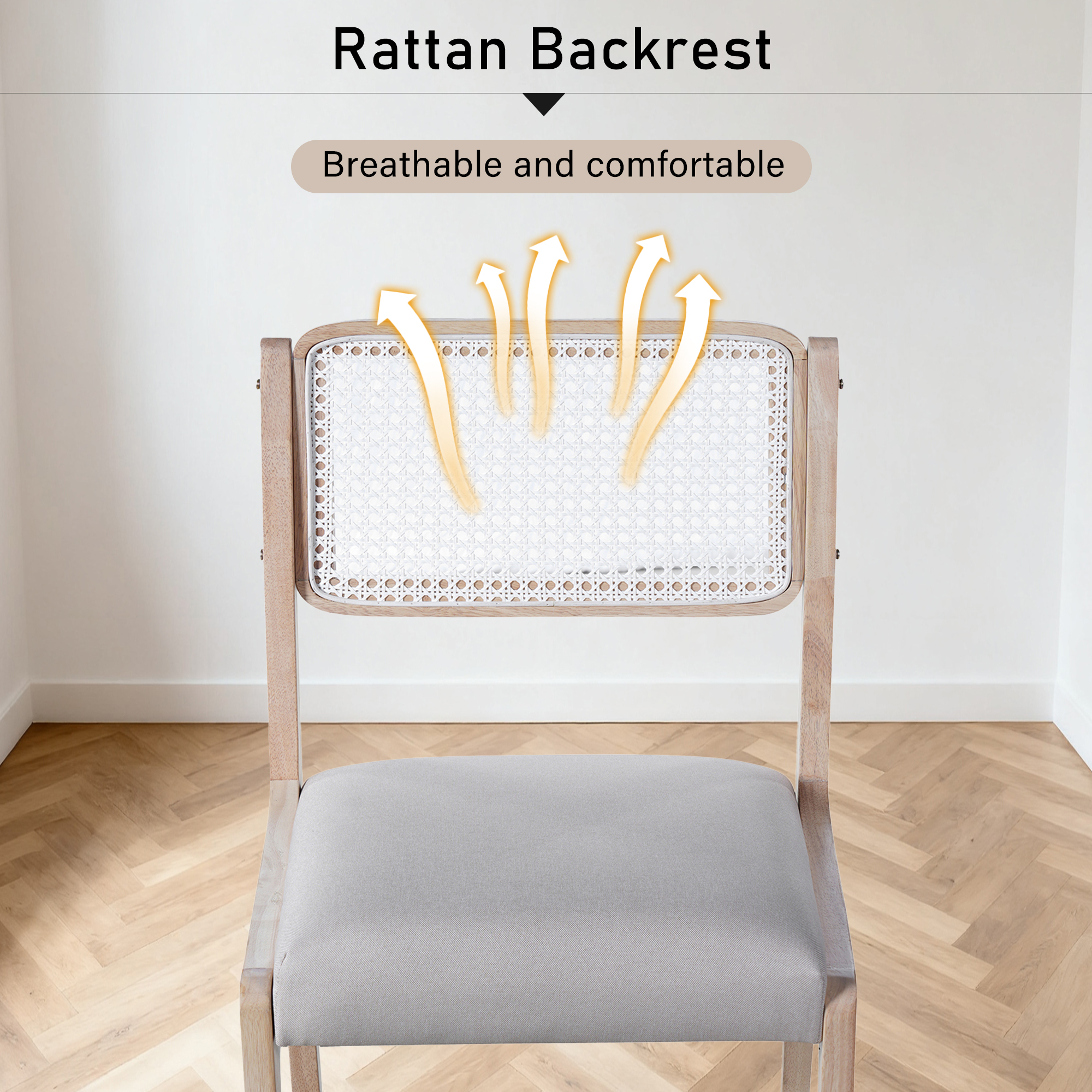 Euroco Wood Dining Chairs Set of 2, Modern Kitchen Side Chairs with Padded Seat and Rattan Back,Farmhouse Accent Chairs for Dining Room,Beige