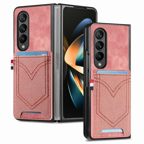 Mantto for Samsung Galaxy Z Fold 4 Vintage Denim Pattern PU Leather Wallet Case, with Card Slots Holder Full Coverage TPU Bumper Shockproof Protection Case for Samsung Galaxy Z Fold 4,Pink