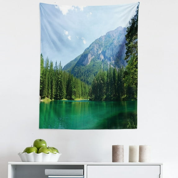 Nature Tapestry, Lake Surrounded by Forest at Mountain Valley Austrian Rural Scenery, Fabric Wall Hanging Decor for Bedroom Living Room Dorm, 5 Sizes, Pale Blue Hunter Green, by Ambesonne