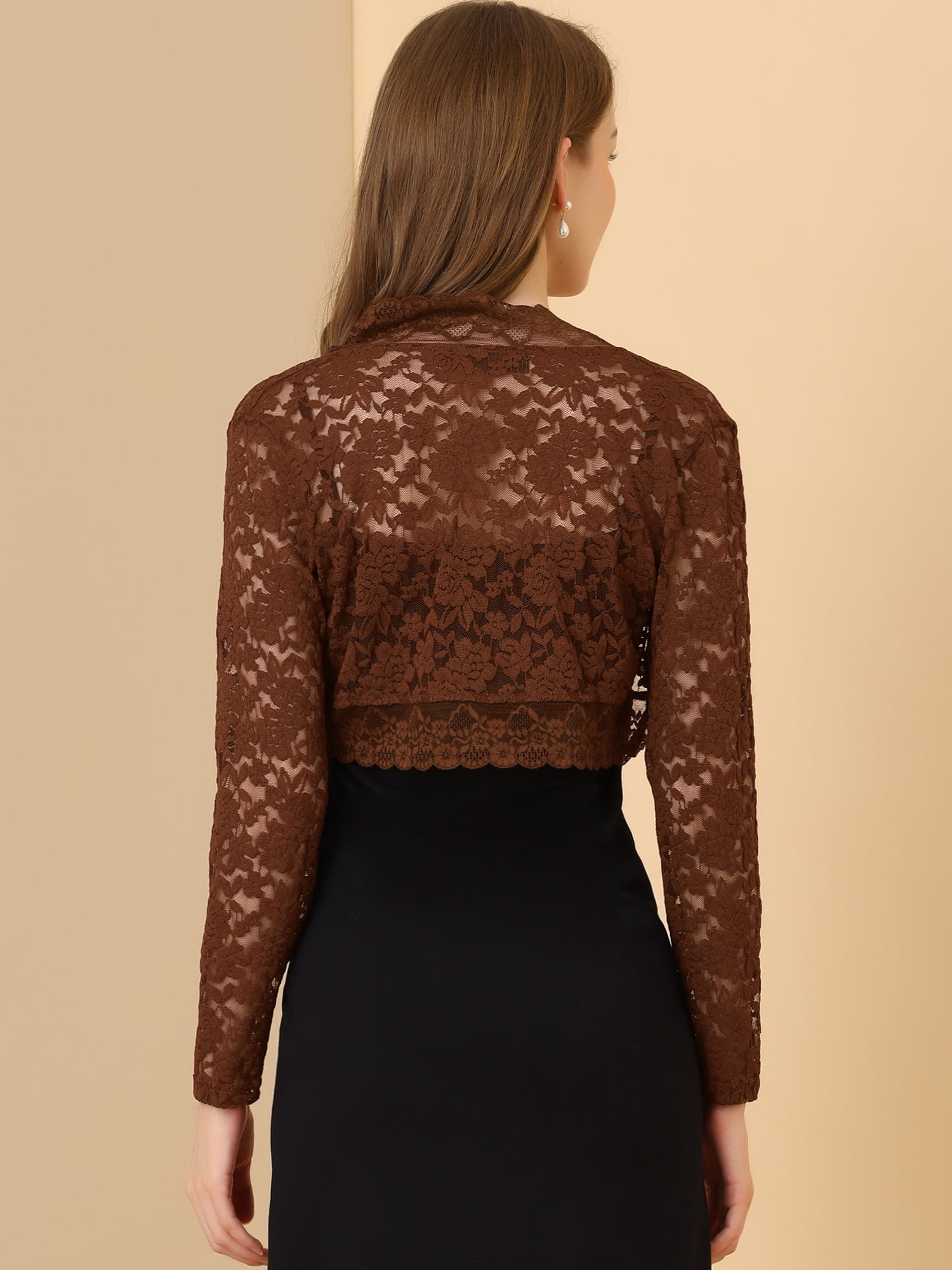 DARING DIVA Women's Lace Bolero Shrugs Sheer Crop Cardigan L Brown