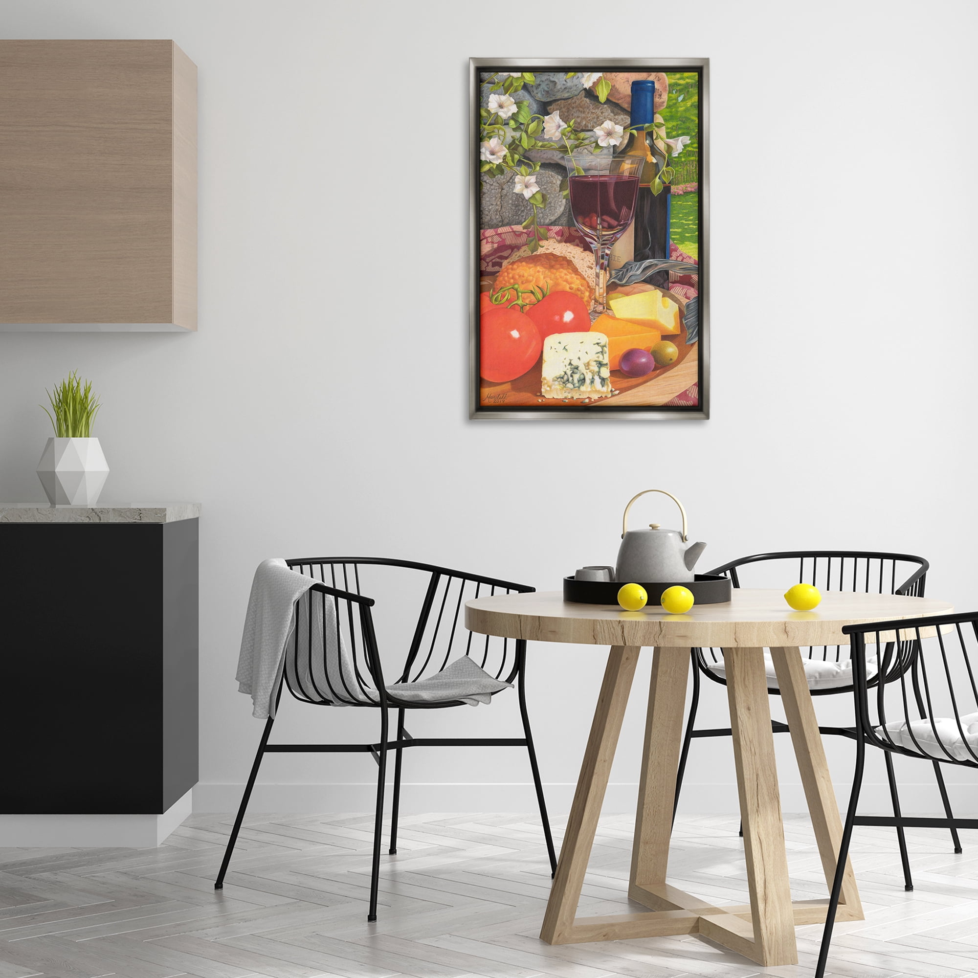 Stupell Industries Wine & Cheese Plate Food & Beverage Painting Gray Floater Framed Art Print Wall Art, 21 x 31