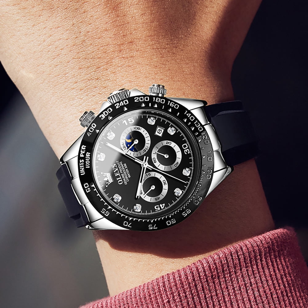 OLEVS Watches for Men Chronograph Multifunction Sport Silicone Luxury Dress Diamond Moon Phase Quartz Male Watch Waterproof Mens Wrist Watches Reloj para Hombre,Gold/Black/White/Blue/Grey Dial