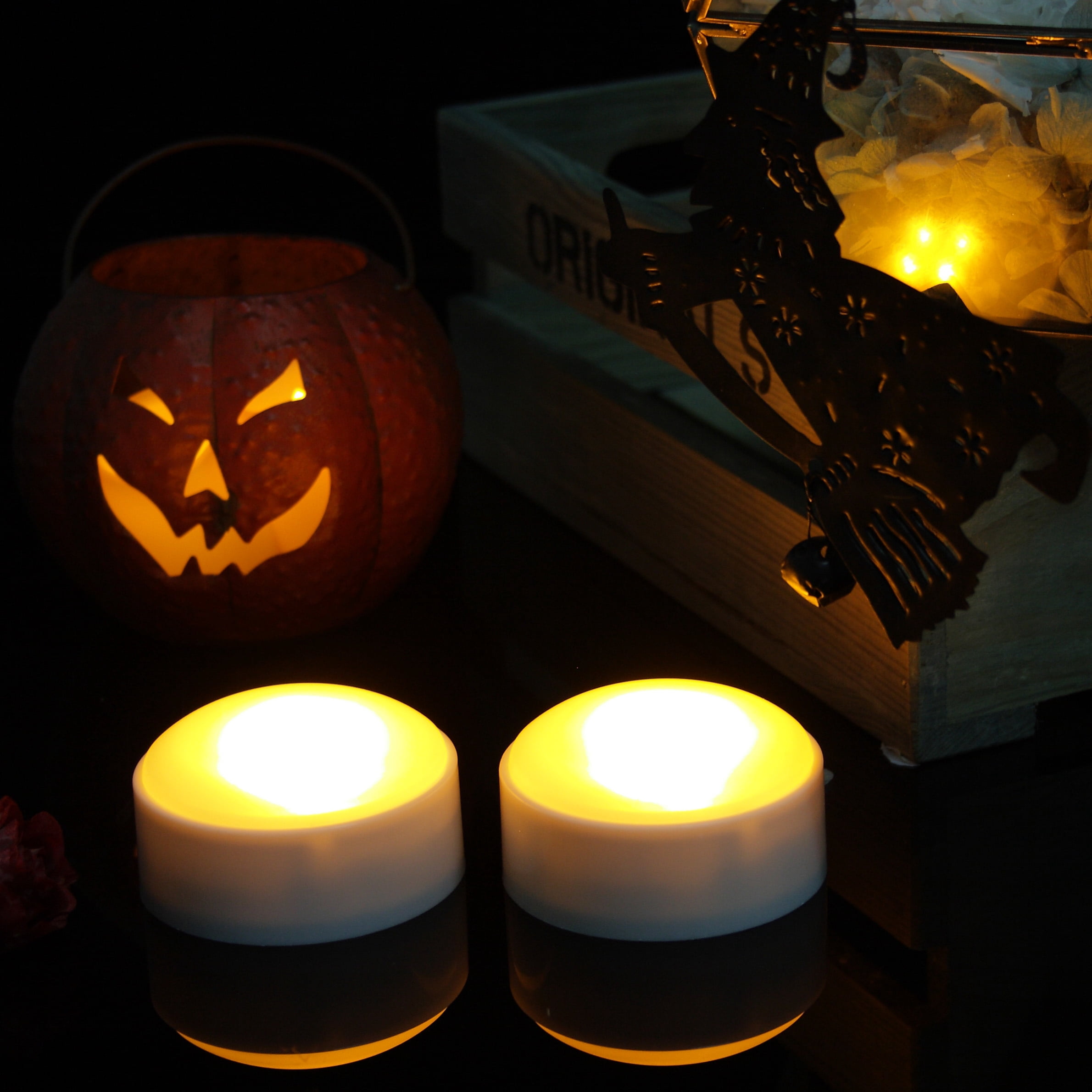 Set of 4 White Halloween Pumpkin Lights with Remote and Timer, Battery Powered Jack-O-Lantern Decor Electric Flameless Candle, Flickering Bright Light for Halloween Holiday Outdoor Decoration