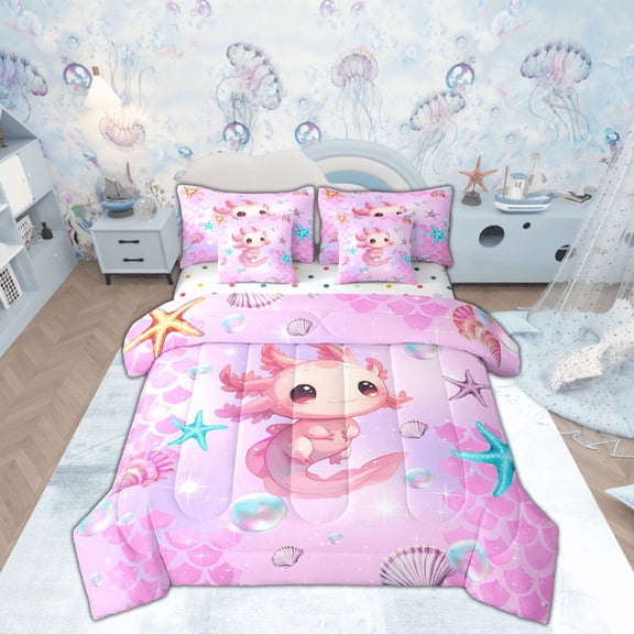 Manfei 3D Axolotl Bedding Twin Size, Pink Fish Scale Bedding Sets Twin Size, Ocean Sealife Reversible Comforter Sets with Sheets, Microfiber Room Decoration, 7 Pieces