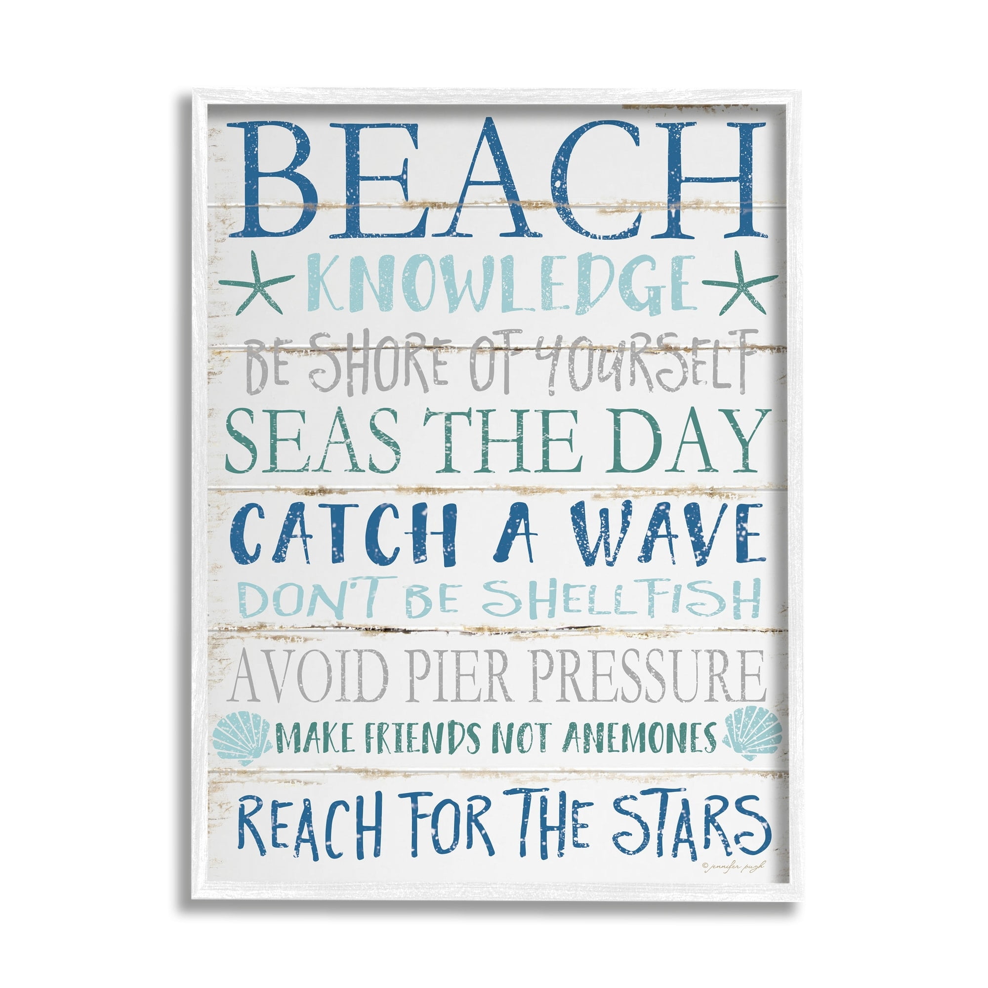Stupell Industries Beach Knowledge Blue Aqua and White Planked Look Sign Graphic Art White Framed Art Print Wall Art, 24x30, by Jennifer Pugh