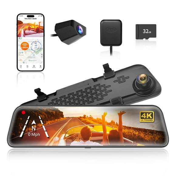 WOLFBOX G840S 12" 4K, retrovisor con Camara con WiFi 5.8 GHz para Autos y camionetas, cámaras duales, visión Nocturna, Asistencia de estacionamiento, Tarjeta de 32 GB y GPS incluidos