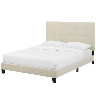 Contemporary Modern Urban Designer Bedroom Queen Size Platform Bed Frame, Fabric, Beige