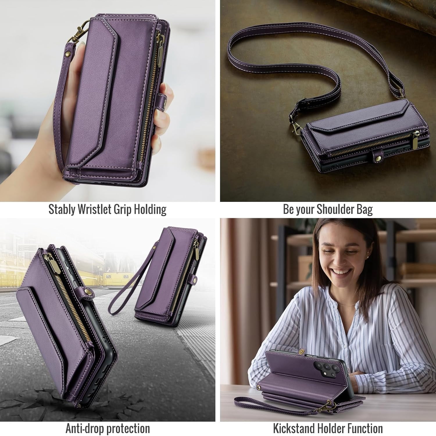 Phone Case for Samsung Galaxy A32 5G 2021 6.5 inch Zipper Wallet Cover with Tempered Glass Screen Protector Flip RFID Blocking Card Holder Cell M32 G5 A 32 32A S32 SM-A326U A326U Women Purple
