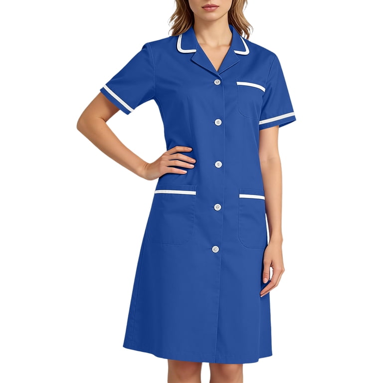 2026 Women Housekeeping Maid Uniform Dress Button Down Scrub Dresses Short Sleeve Loose Dresses with Pockets Women's V-Neck Medical Uniforms with Front Buttons Blue XL