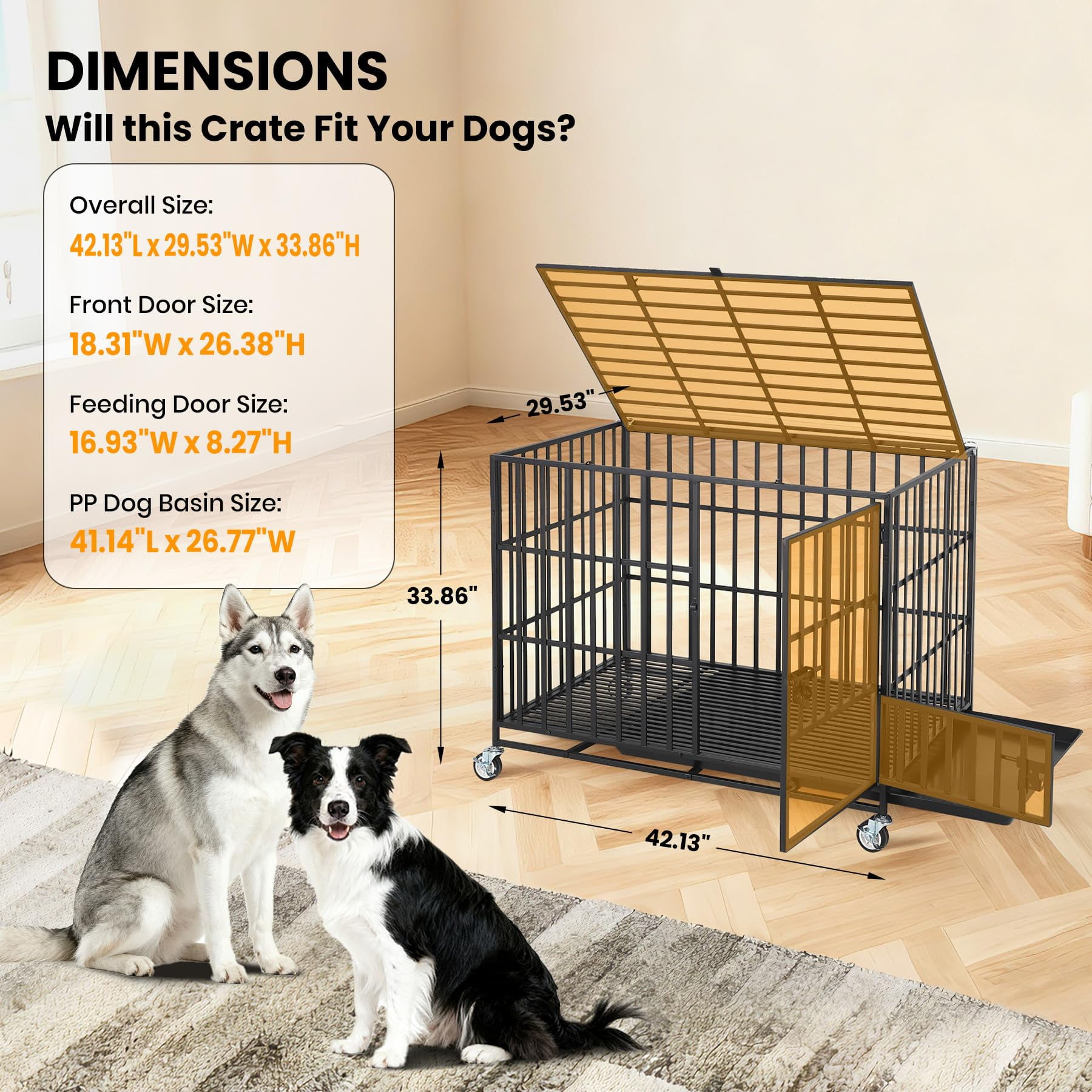 Heavy Duty Escape-Proof Metal Dog Crate for Medium/Large Dogs, 3 Doors with Removable Tray, Locking Wheels, Secure Indoor Outdoor Kennel, Black, 49.2"L x 31.5"W x 36.2"H
