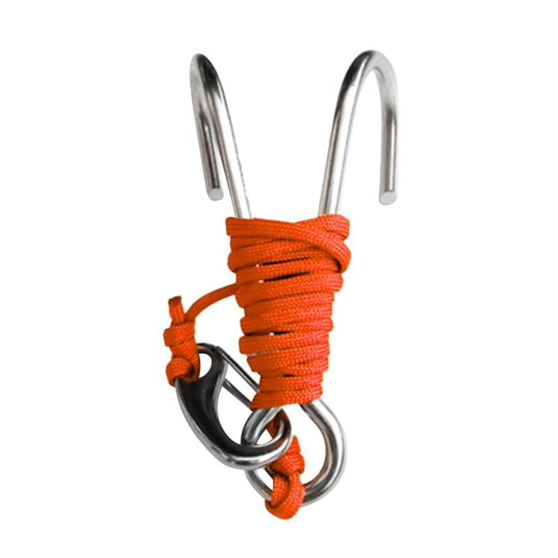 MagiDeal Scuba Diving Current Cave Dive Double Dual 316 Stainless Steel Reef Hook with Nylon Line Rope and Clip 