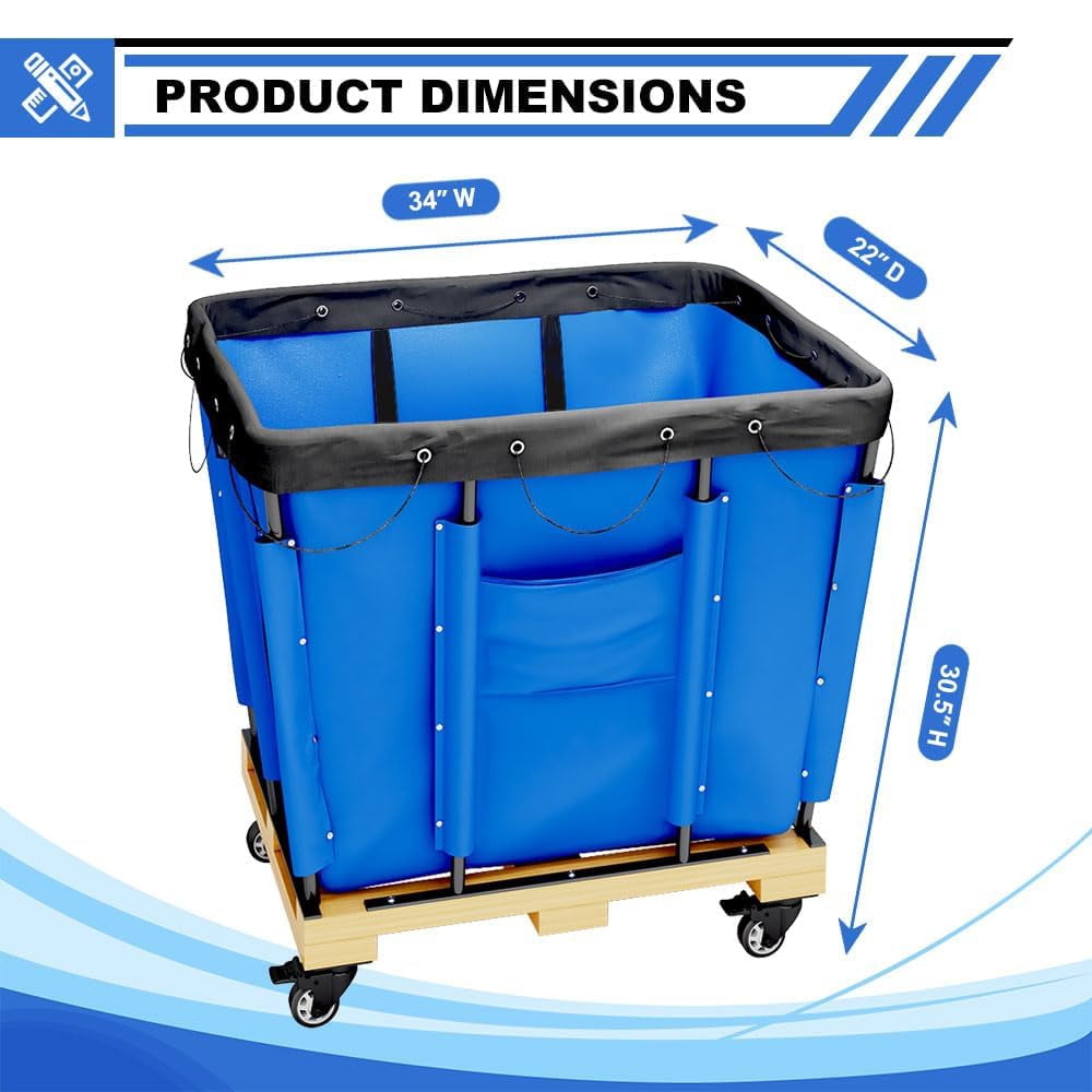 Yeeoy 8 Bushel Blue Vinyl Basket Bulk Truck, Laundry Basket with Wheels, Steel Laundry Cart Storage Trolley Hamper for Hotel Home Hospital, 34"L x 22"W x 30-1/2"H