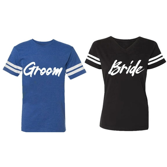 Groom Bride Matching Couple Cotton Jerseys (Men Royal / Women Black) (Men S / Women S)