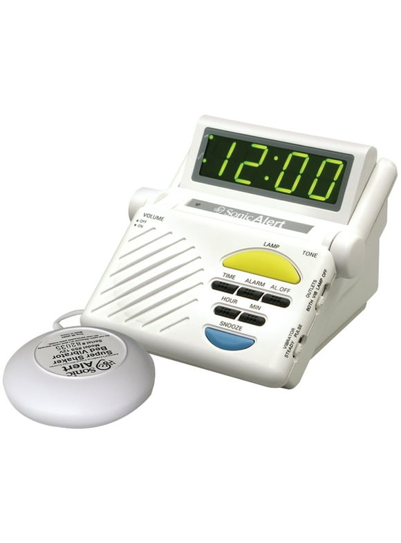 Sonic Alert - Sonic Boom Alarm Clock & Notification Hub with Bedroom Lamp Connection Input, Bed Shaker Vibrator and Large Digital Display - White
