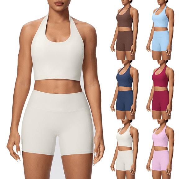 Workout Sets for Women Halter Backless Sports Bra and High Waist Booty Lifting Shorts 2 Piece Gym Yoga Activewear Sets Tracksuit