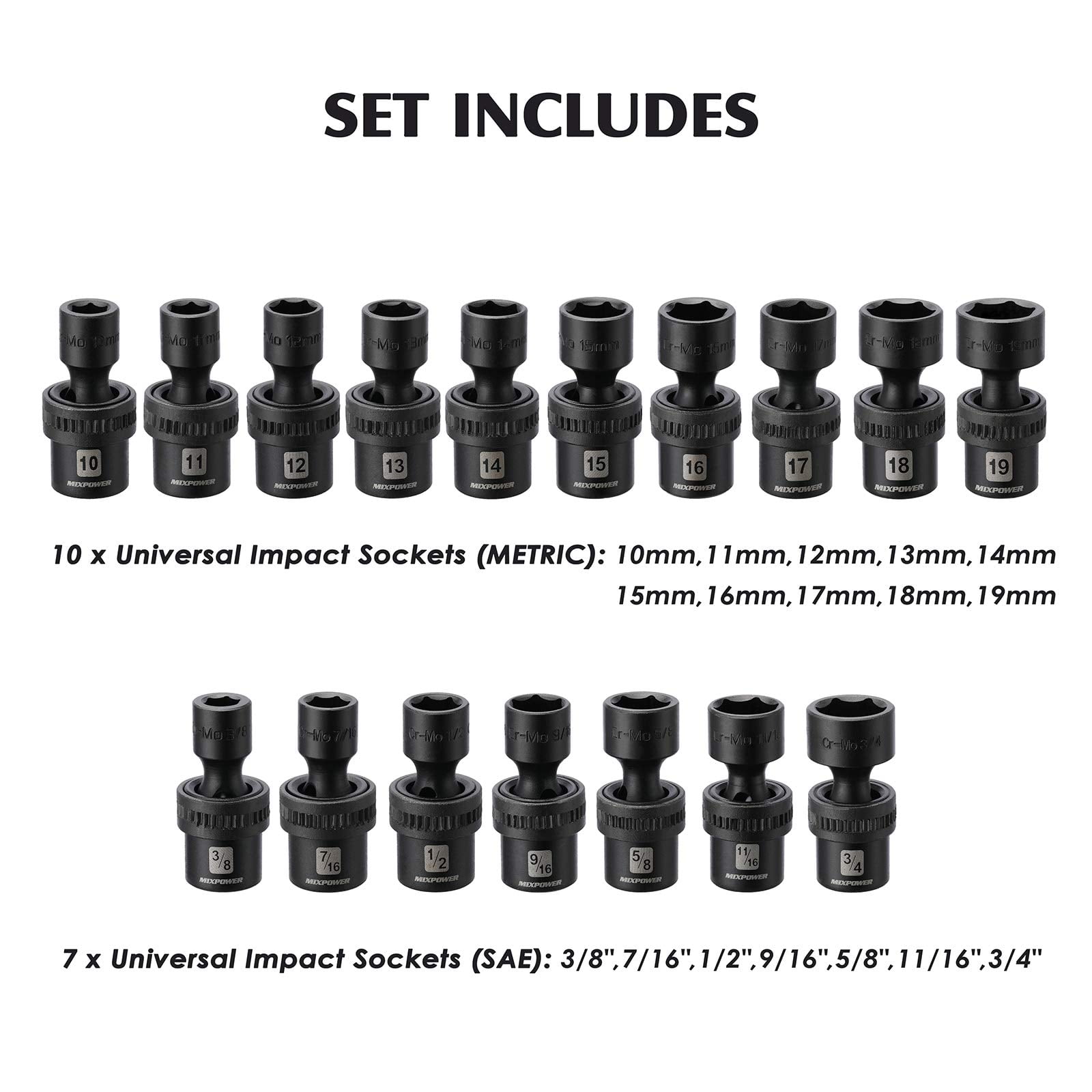 MIXPOWER 3/8'' Drive Master Impact Socket Set, 87-Piece Deep & Standard SAE and Metric,CR-MO, 1/4-Inch to 3/4-Inch and 6-19 mm, Impact Universal Sockets, Extension Bar & Adapter