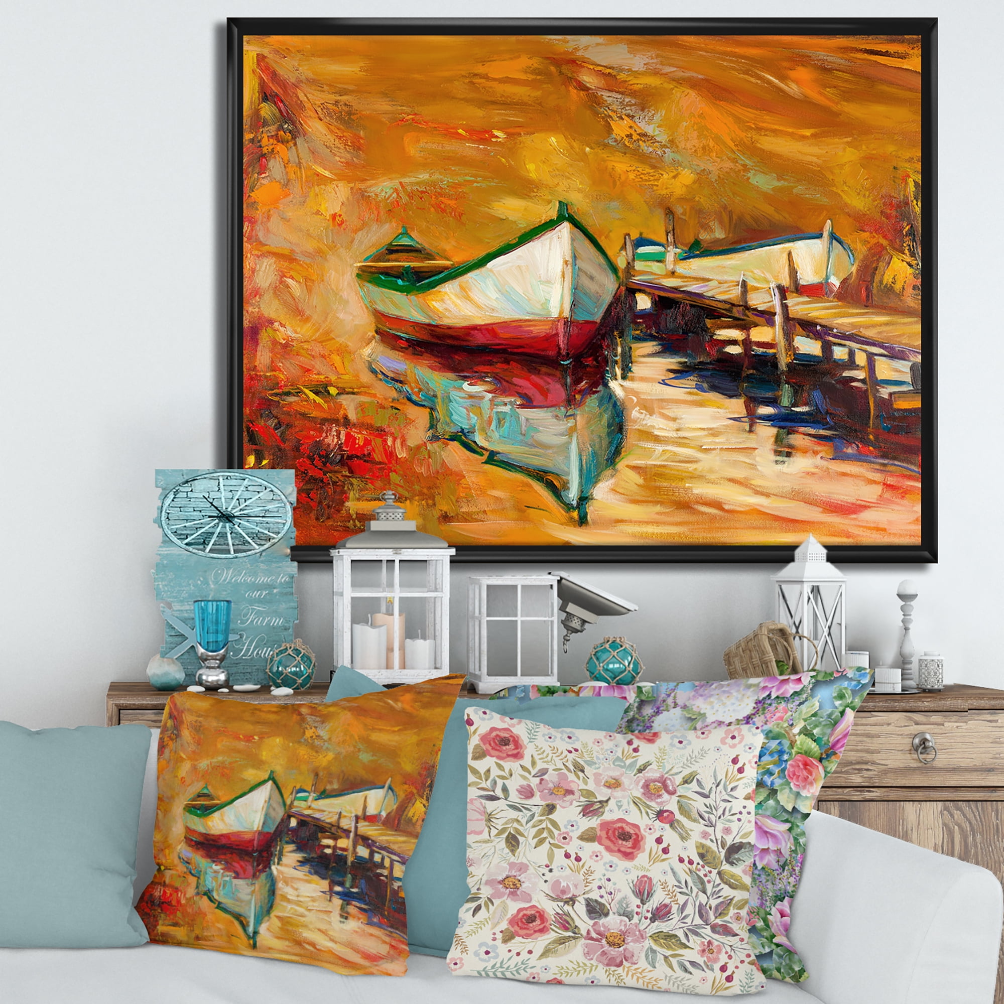 Designart 'Red and White Boats By The Pier' Nautical & Coastal Framed Canvas Wall Art Print