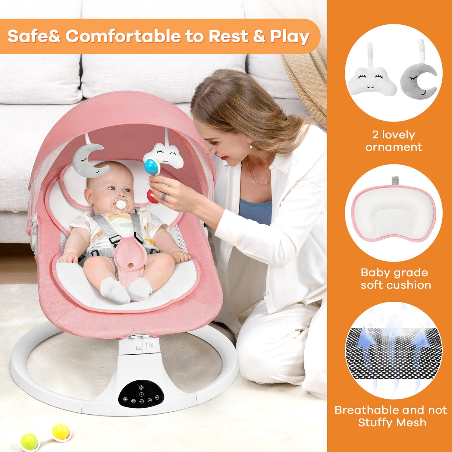 Baby Swing for Infants, Unisex Baby Bouncer, Bluetooth Music for 0-18 months, 5 Sway Speeds, 10 Lullabies for All Seasons,Pink
