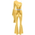 thumbnail image 3 of TiaoBug Women 70s Disco Costume One Shoulder Long Sleeve Bell Bottom Hippie Club Jumpsuit Gold XXL, 3 of 5