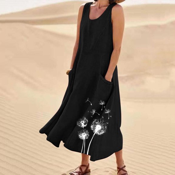BLTIBY Summer Cotton Linen Dresses for Women Sleeveless Printed Round Neck Loose Casual Maxi Dress with Pockets Black 5XL