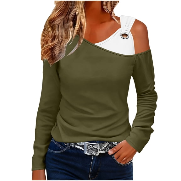 IROINNID Fall Shirts for Women Long Sleeve Color Block One Shoulder Blouse Drop Shoulder Casual Trendy Pullover Top for Summer