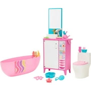 Barbie World Bathtime Toy Playset with 19 Dollhouse Accessories Including Bathtub, Toilet, & Vanity