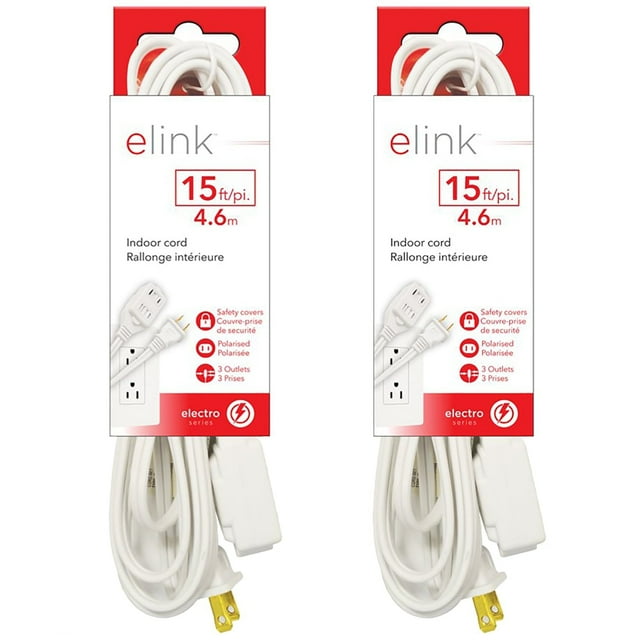 Elink - Ensemble de 2 Rallonges Électriques d'Intérieur à 3 Prises, Longueur de 15 Pieds, Blanc. Chaque Cordon Comprend Trois Prises Polarisées, des Couvre-Prises de Sécurité et une Longueur de 15 Pieds (4,57 m) pour une Utilisation Intérieure Polyvalente. Emballé dans une Boîte Rouge et Blanche avec les Détails du Produit Bien Affichés.