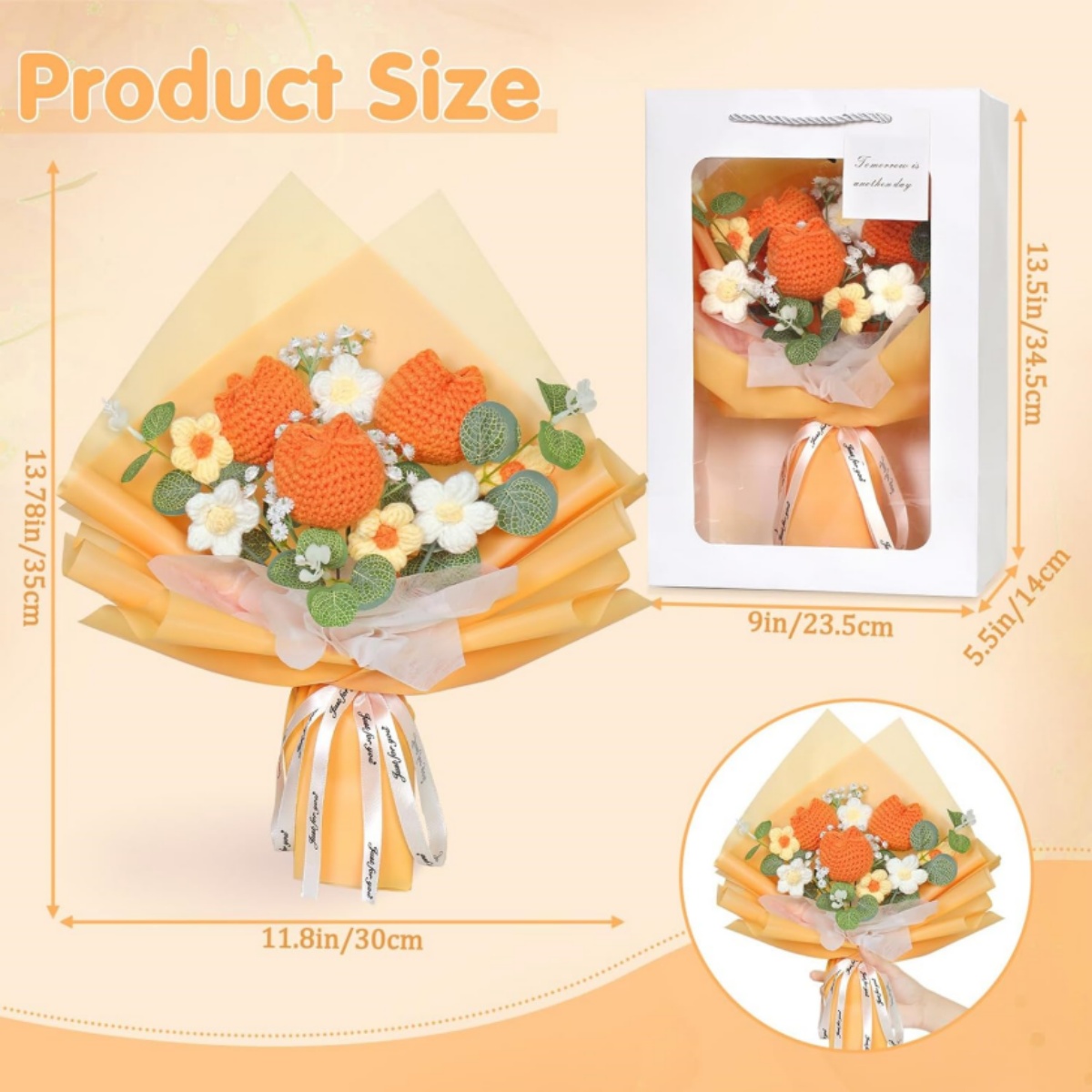 Crochet Flowers Bouquet, Kvago 13.78in Completed Handmade Knitted Flowers, Artificial Flower Knitted Tulips Bouquet for Festival Wedding Graduation Anniversary Mother's Day Women Gift (Orange)