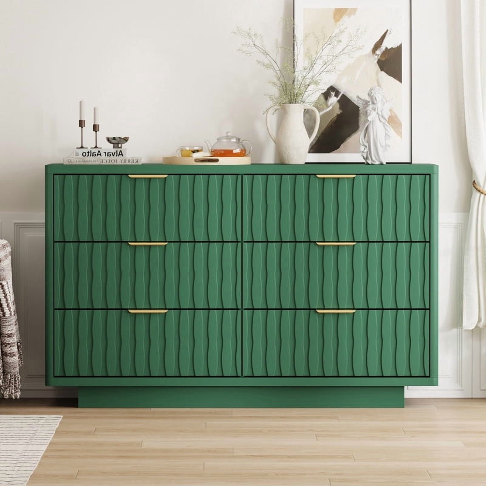 Fluted 6 Drawer Dresser for Bedroom, Wide Modern Chest of Drawers with Metal Handle, Curved Profile Design, Wood Closet Clothes Storage Organizer for Bedroom, Living Room, Hallway