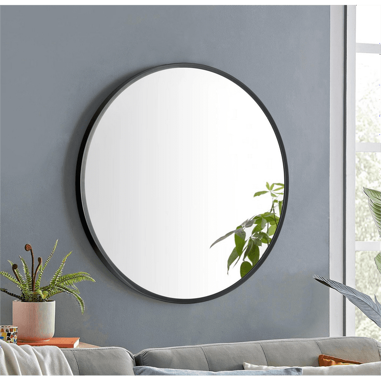 28 inch Round Bathroom Mirror, Black Round Mirror with Metal Frame, Modern Home Decor