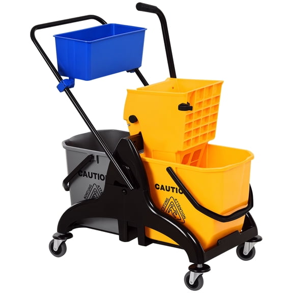 2 × 6.9 Gallon Mop Water Bucket Wringer Cart with Side Press Wringer, Smooth Wheels & Mop-Handle Holder