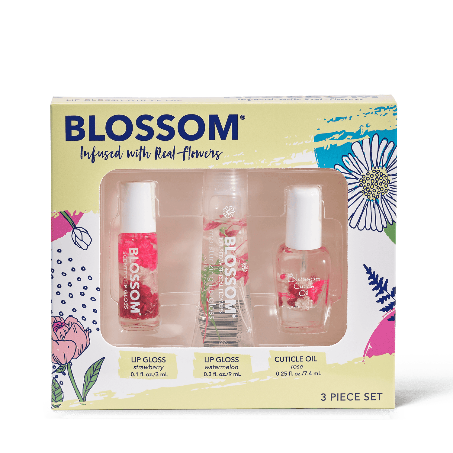 Blossom Lip Gloss in Strawberry and Watermelon, Rose Cuticle Oil 3 Piece Set