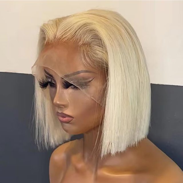 Perruque Blond Miel 613 Bob Cheveux Humains HD Transparente 13X4 Lisse Bob Lace Front Perruques Cheveux Humains Porter et Partir Perruque Sans Colle Cheveux Humains Pré-Épilée 613 B